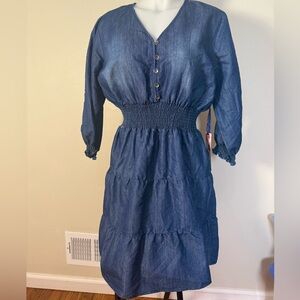 G. Kate Chambray Petite Large Dress Smocked Blue Denim Short Long Sleeve READ